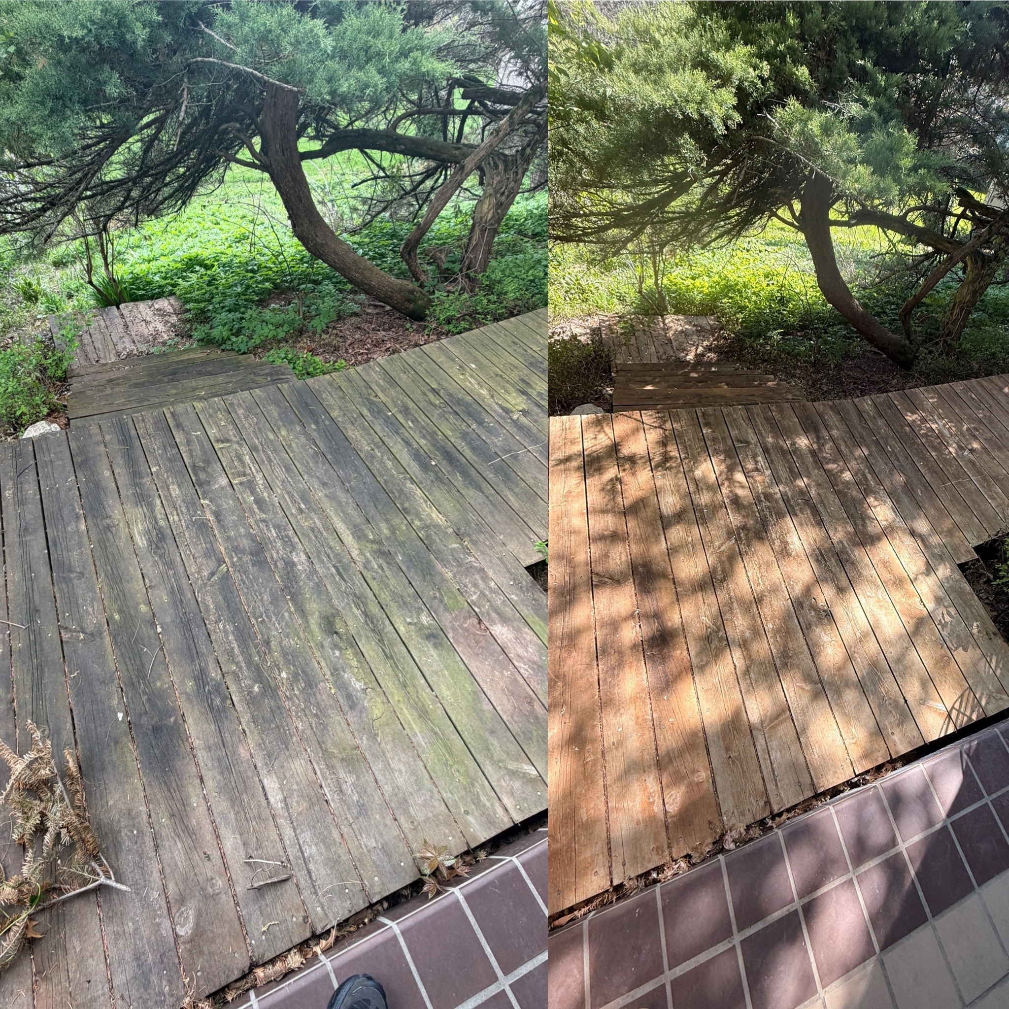 Weathered wood deck before pressure washing — gray and dirty