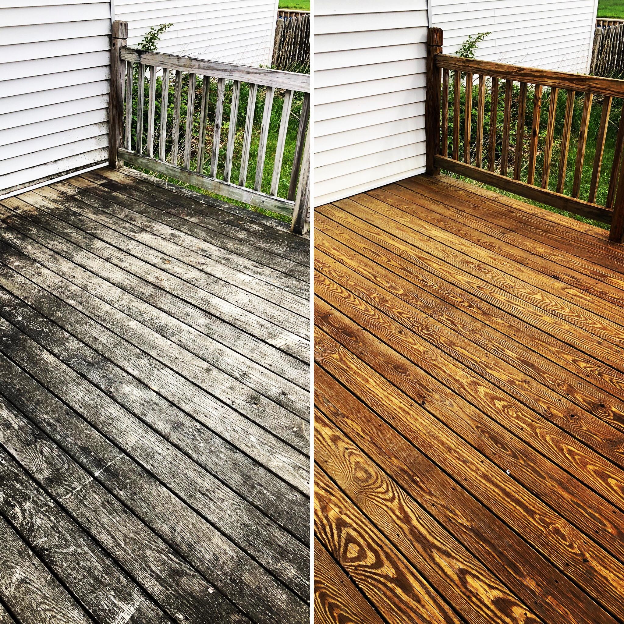 MartGo Power Washing deck restoration — before and after side by side showing gray weathered boards restored to warm natural wood