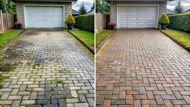 MartGo Power Washing paver driveway cleaning — before and after showing moss and algae removed from brick pavers