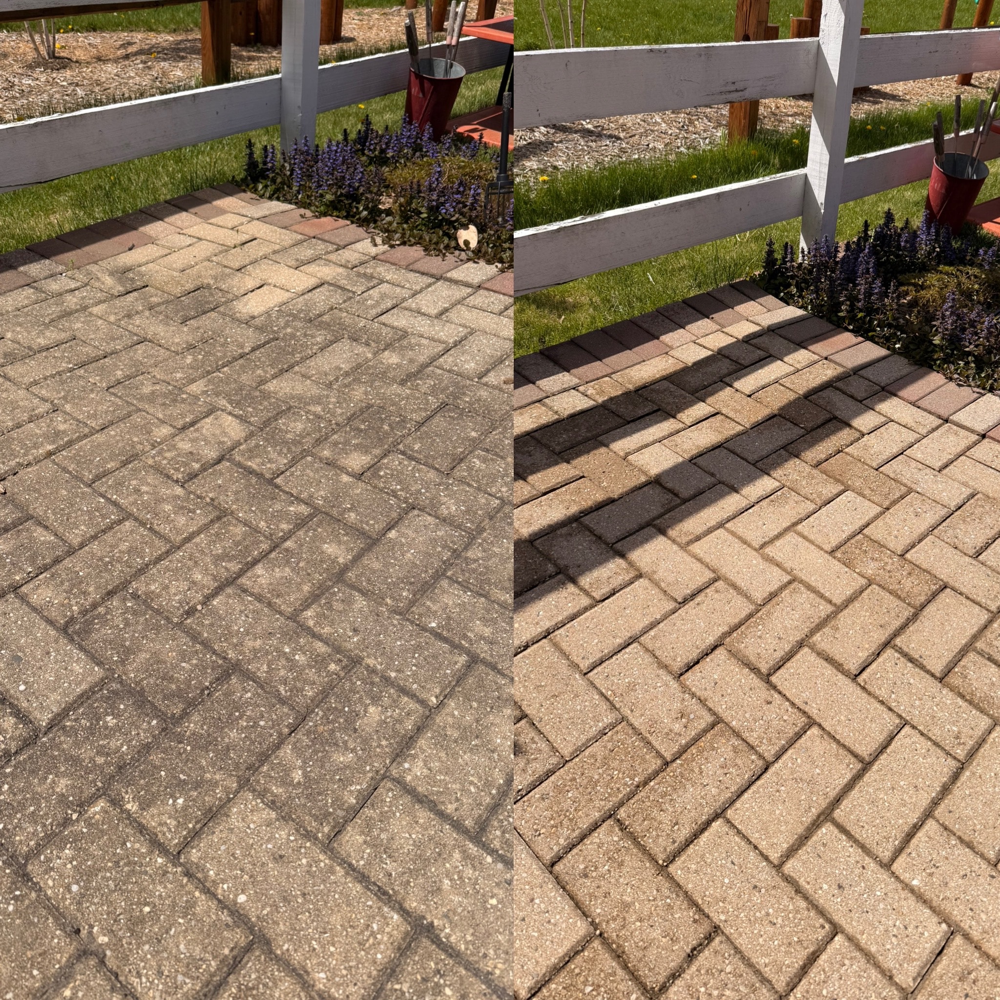 Herringbone brick paver patio after pressure washing — clean and restored