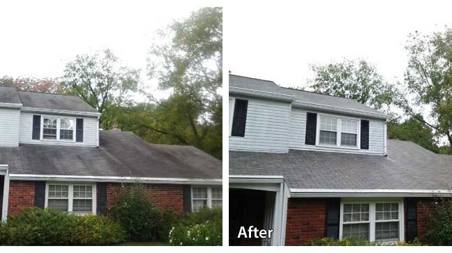 MartGo Power Washing roof cleaning — before and after showing dark algae stains removed from residential roof shingles